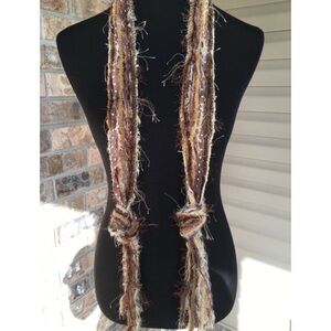 HANDMADE Necklace Scarf Brownie Dots Fringe Boho Eyelash Yarn Batik Fabric
